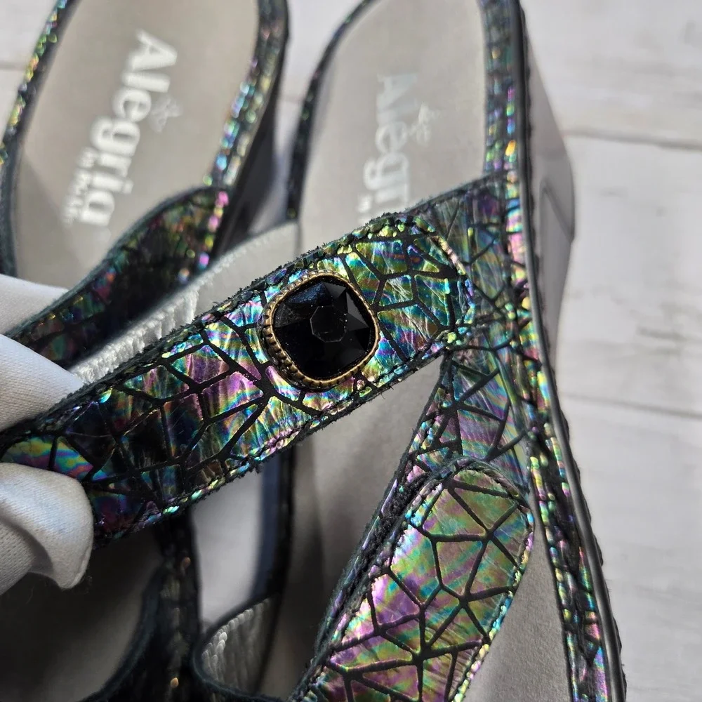 Alegria Loti Wedge Sandals Women 40 Multicolor Holographic Mosaic Leather Straps